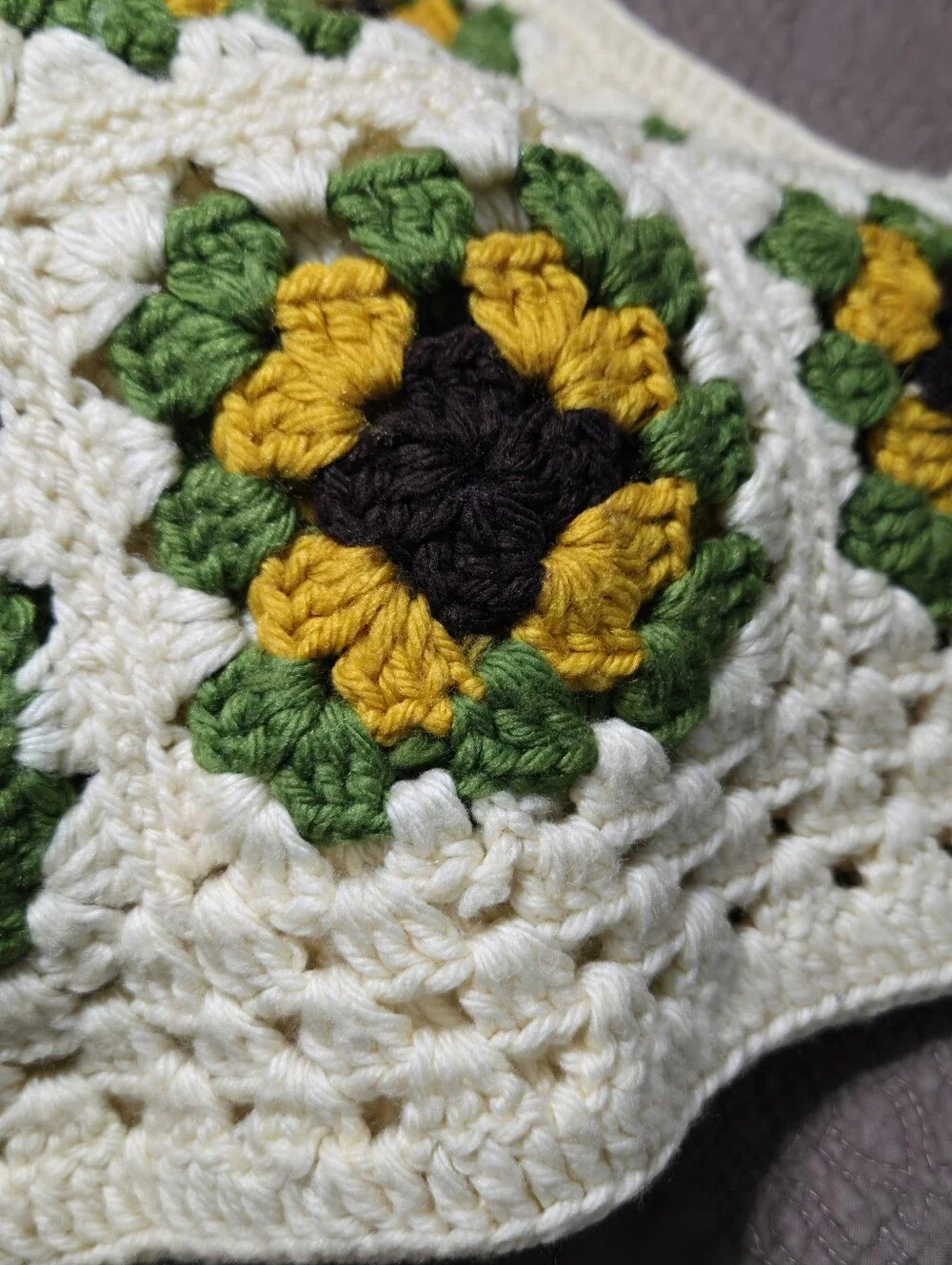 Vintage Granny Square Crochet Pillow Cover, floral sunflower, cover only